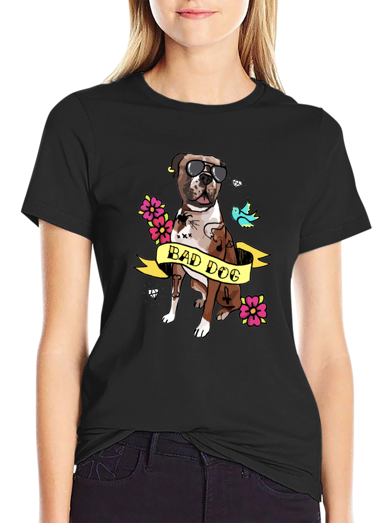 Bad Dog Tattoo Style Graphic T-Shirt