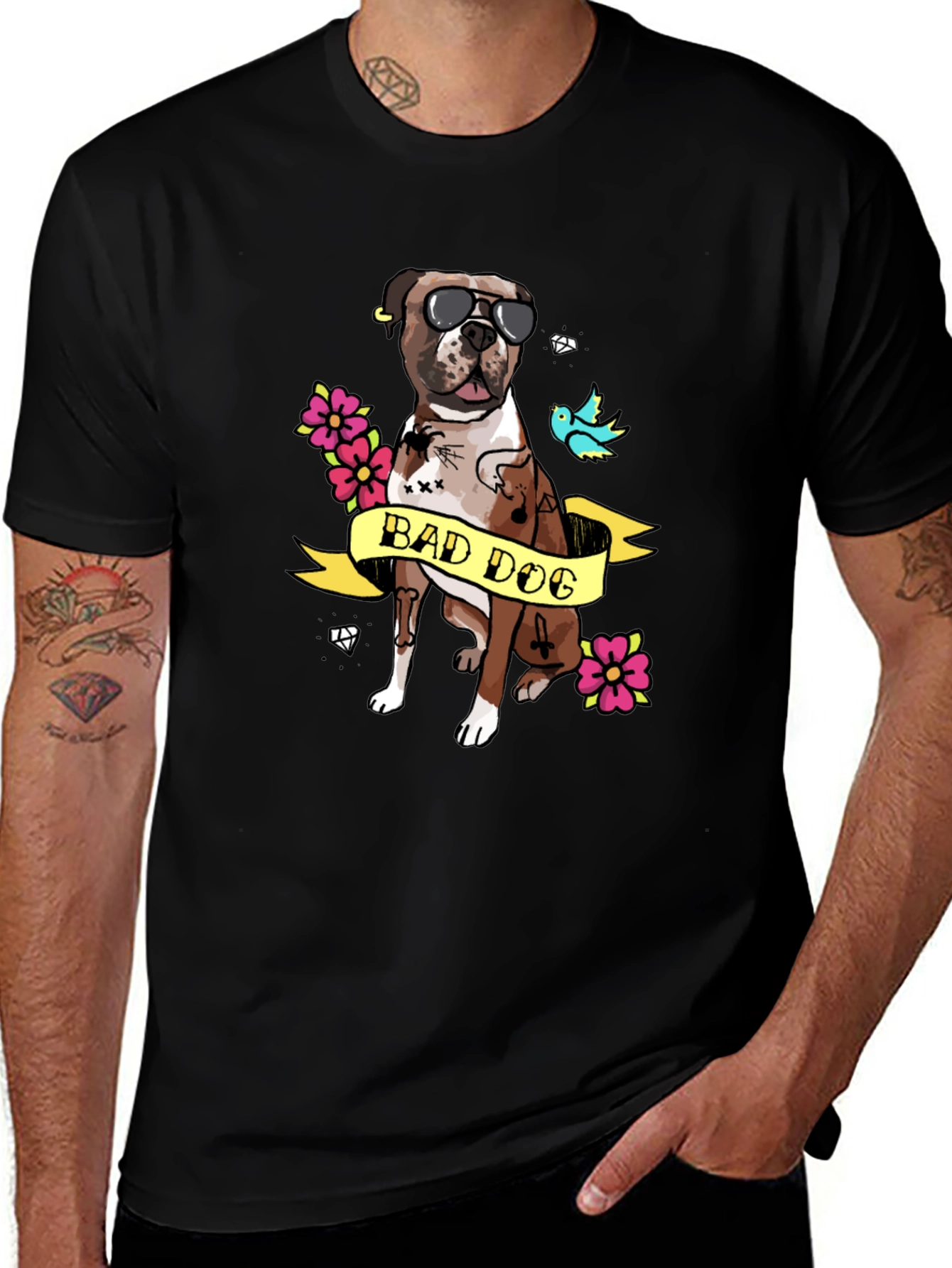 Bad Dog Tattoo Style Graphic T-Shirt