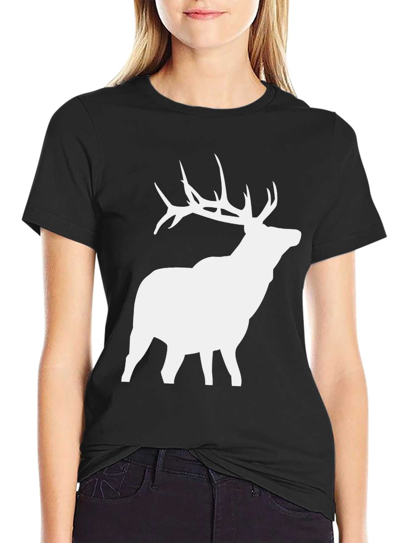 Elk Silhouette Graphic Tee - Black Cotton Blend Shirt