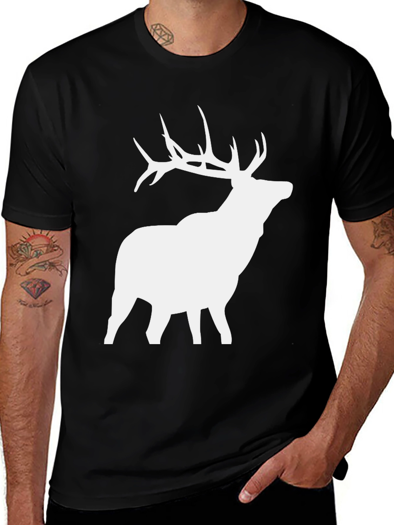 Elk Silhouette Graphic Tee - Black Cotton Blend Shirt