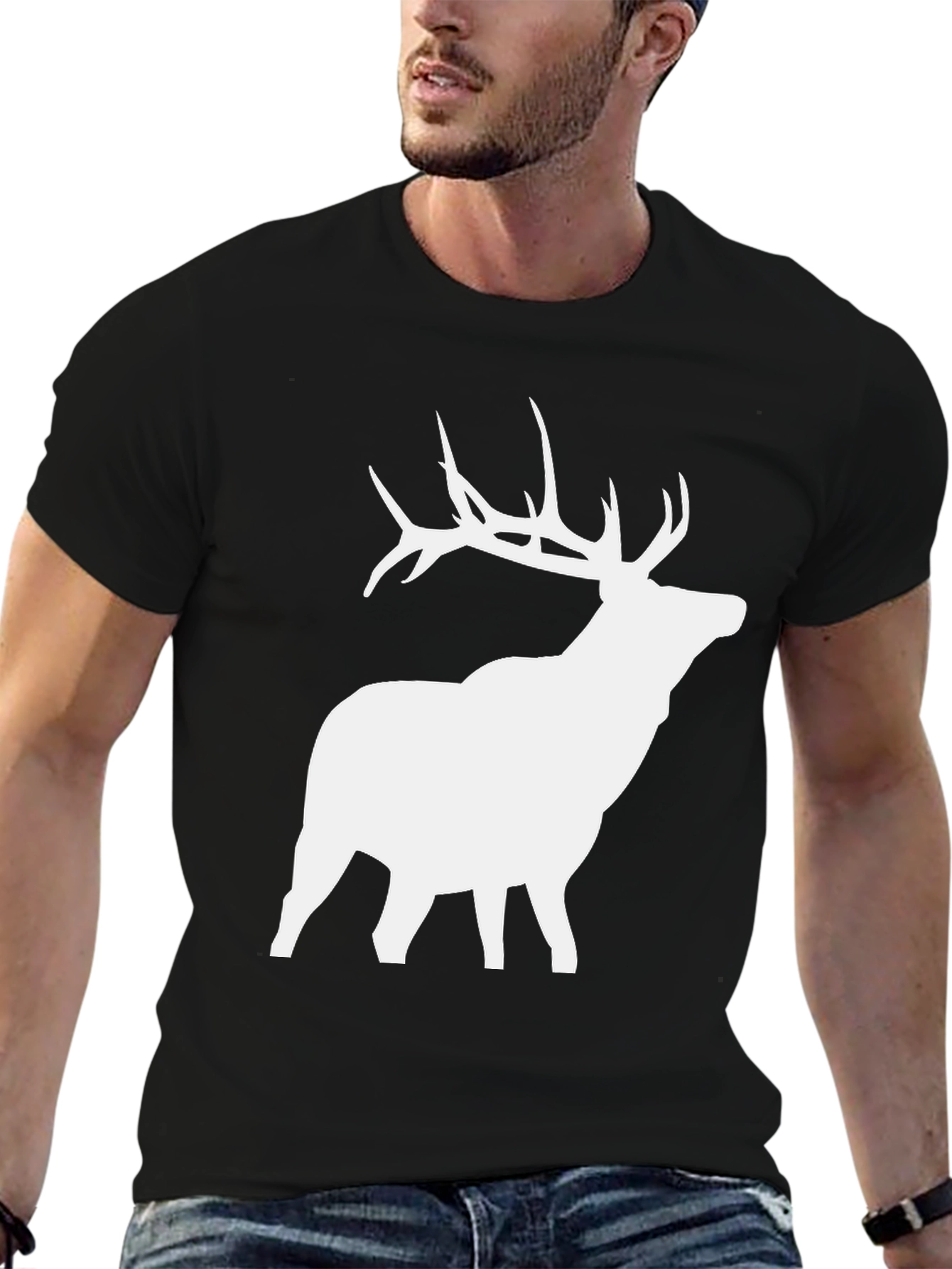 Elk Silhouette Graphic Tee - Black Cotton Blend Shirt