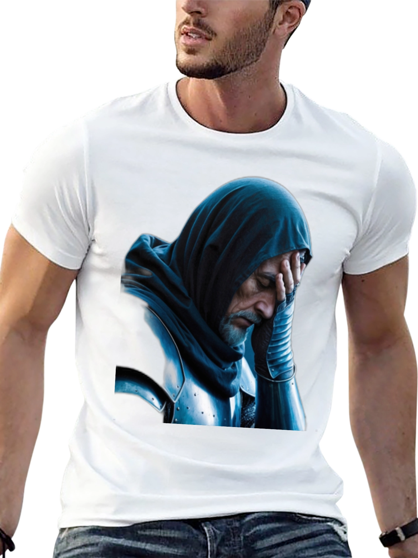 Distressed Knight Graphic Tee - Black Cotton T-Shirt