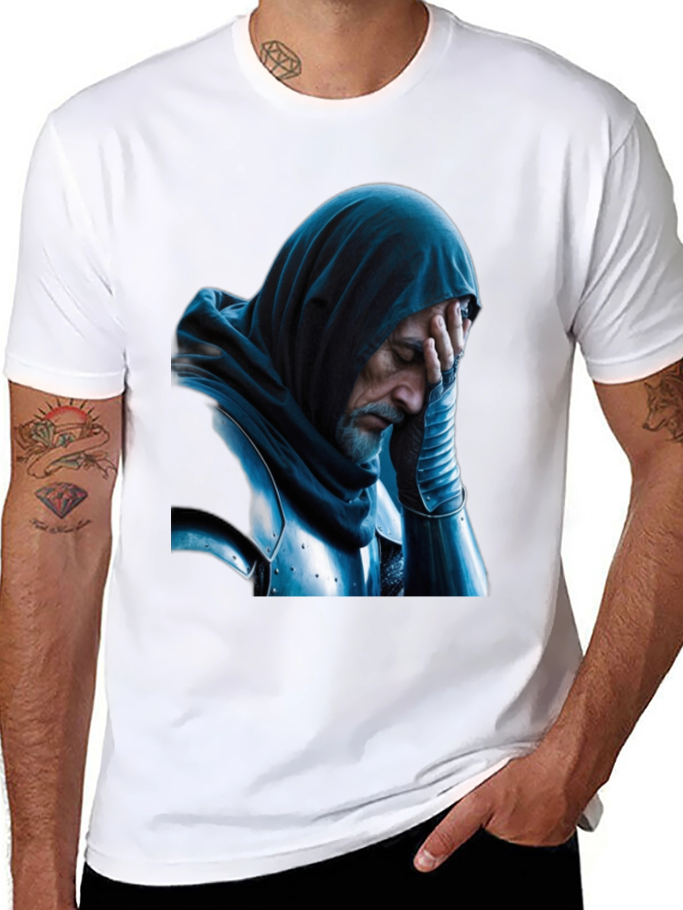 Distressed Knight Graphic Tee - Black Cotton T-Shirt