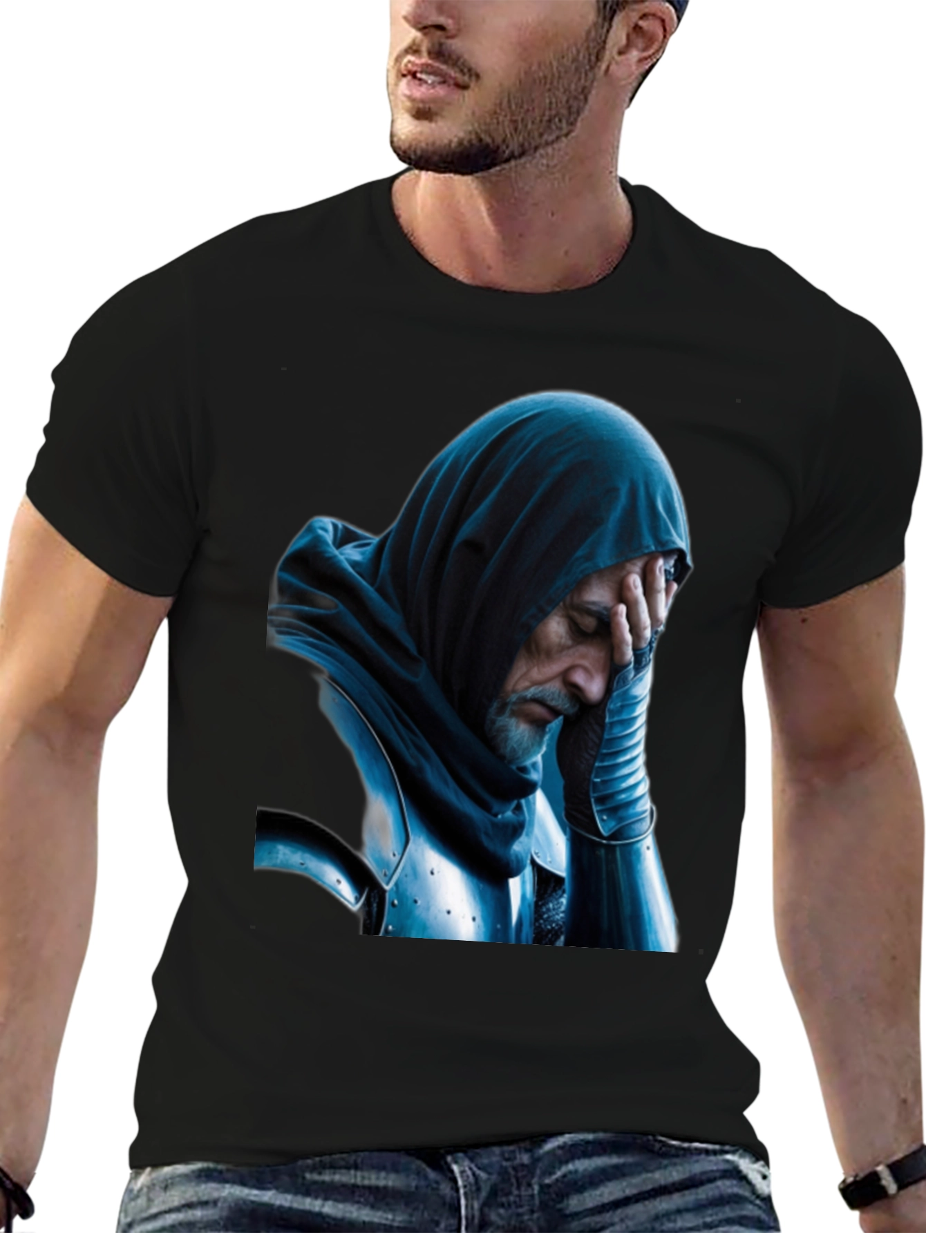 Distressed Knight Graphic Tee - Black Cotton T-Shirt
