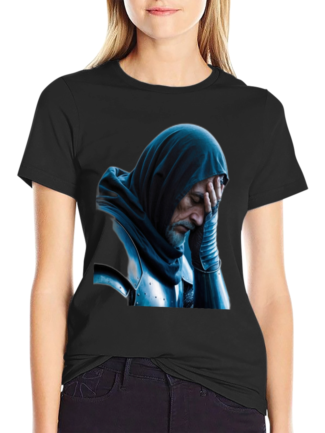 Distressed Knight Graphic Tee - Black Cotton T-Shirt