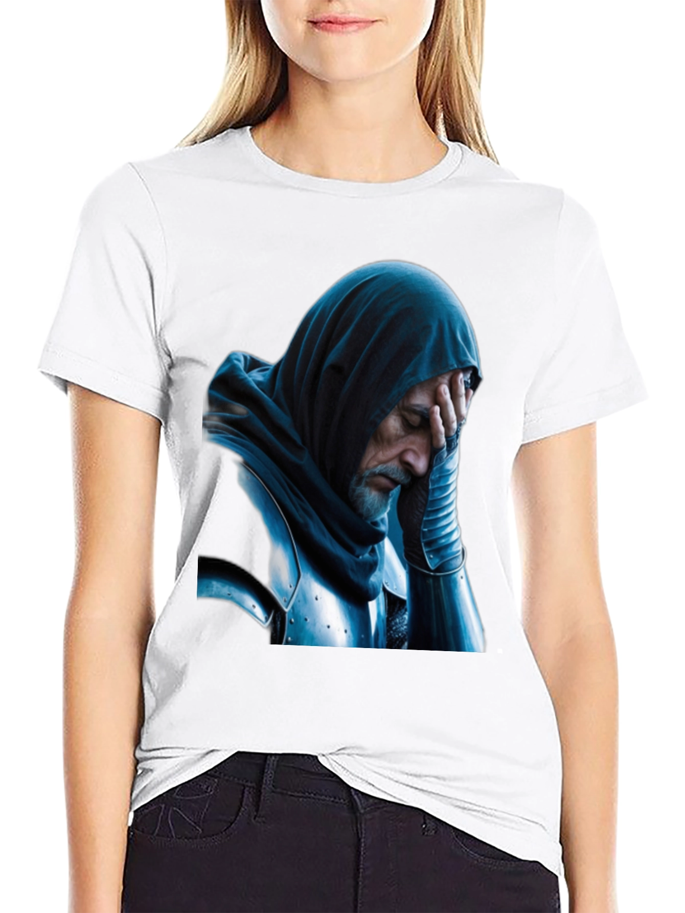 Distressed Knight Graphic Tee - Black Cotton T-Shirt