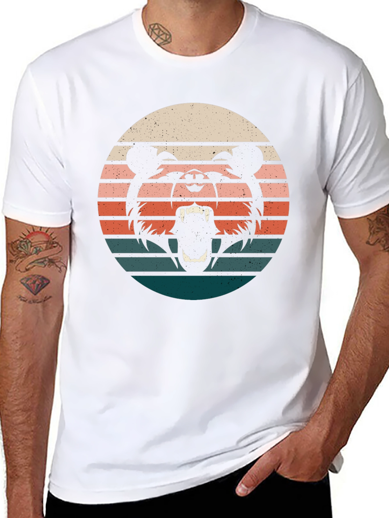 Retro Bear Sunset Graphic Tee - Black Cotton T-Shirt