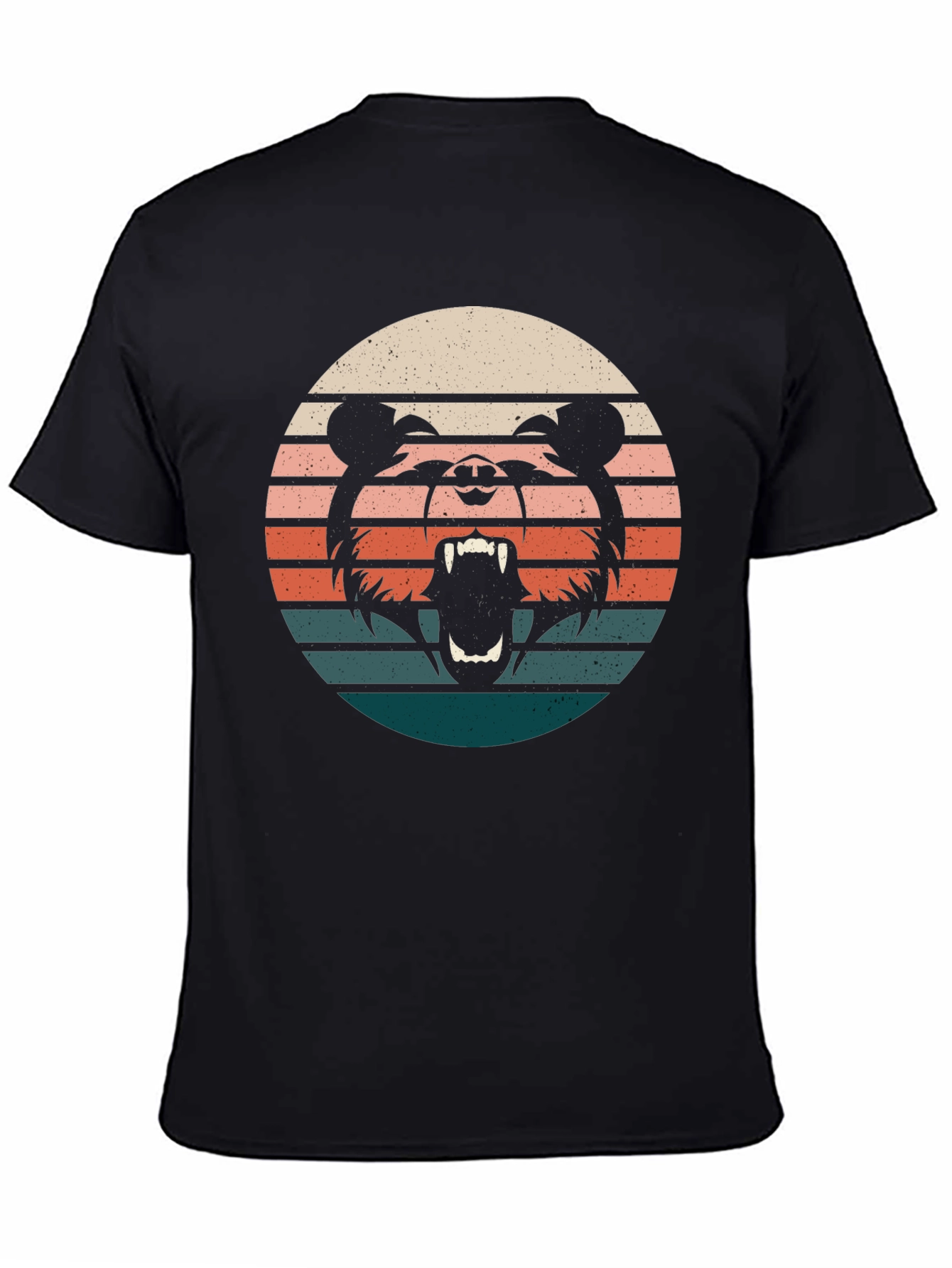 Retro Bear Sunset Graphic Tee - Black Cotton T-Shirt