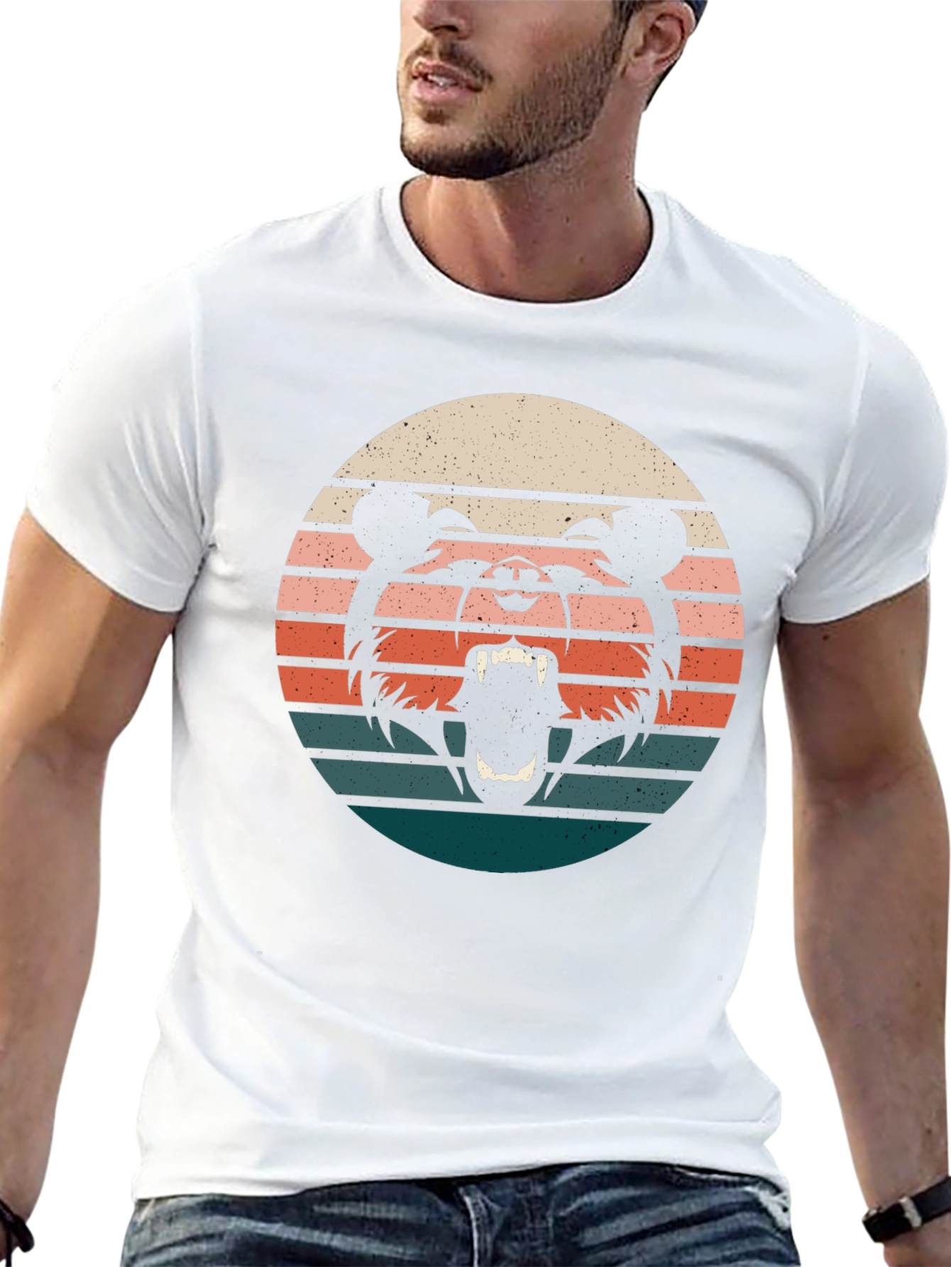 Retro Bear Sunset Graphic Tee - Black Cotton T-Shirt
