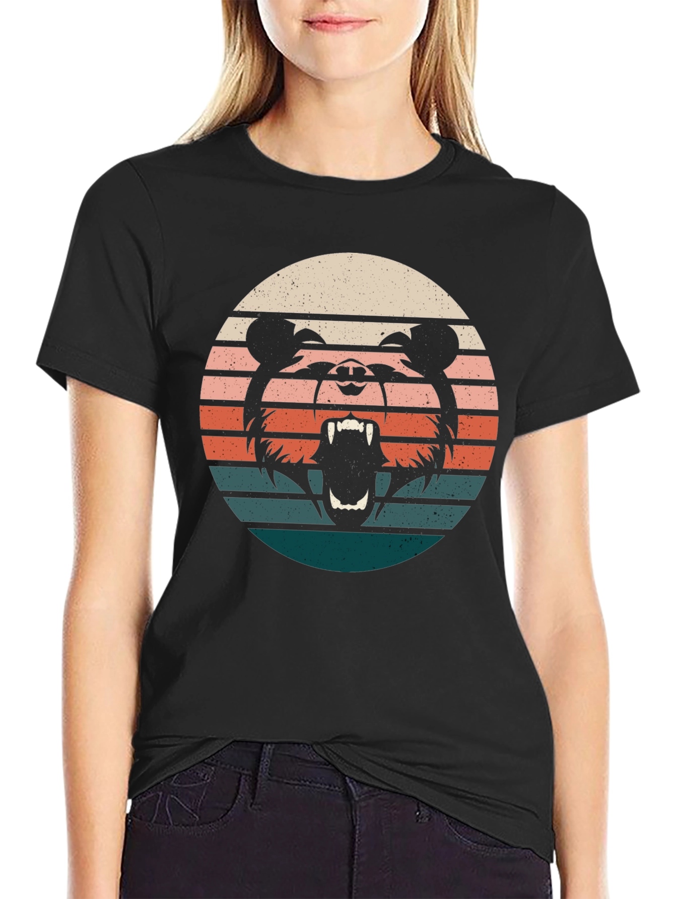 Retro Bear Sunset Graphic Tee - Black Cotton T-Shirt