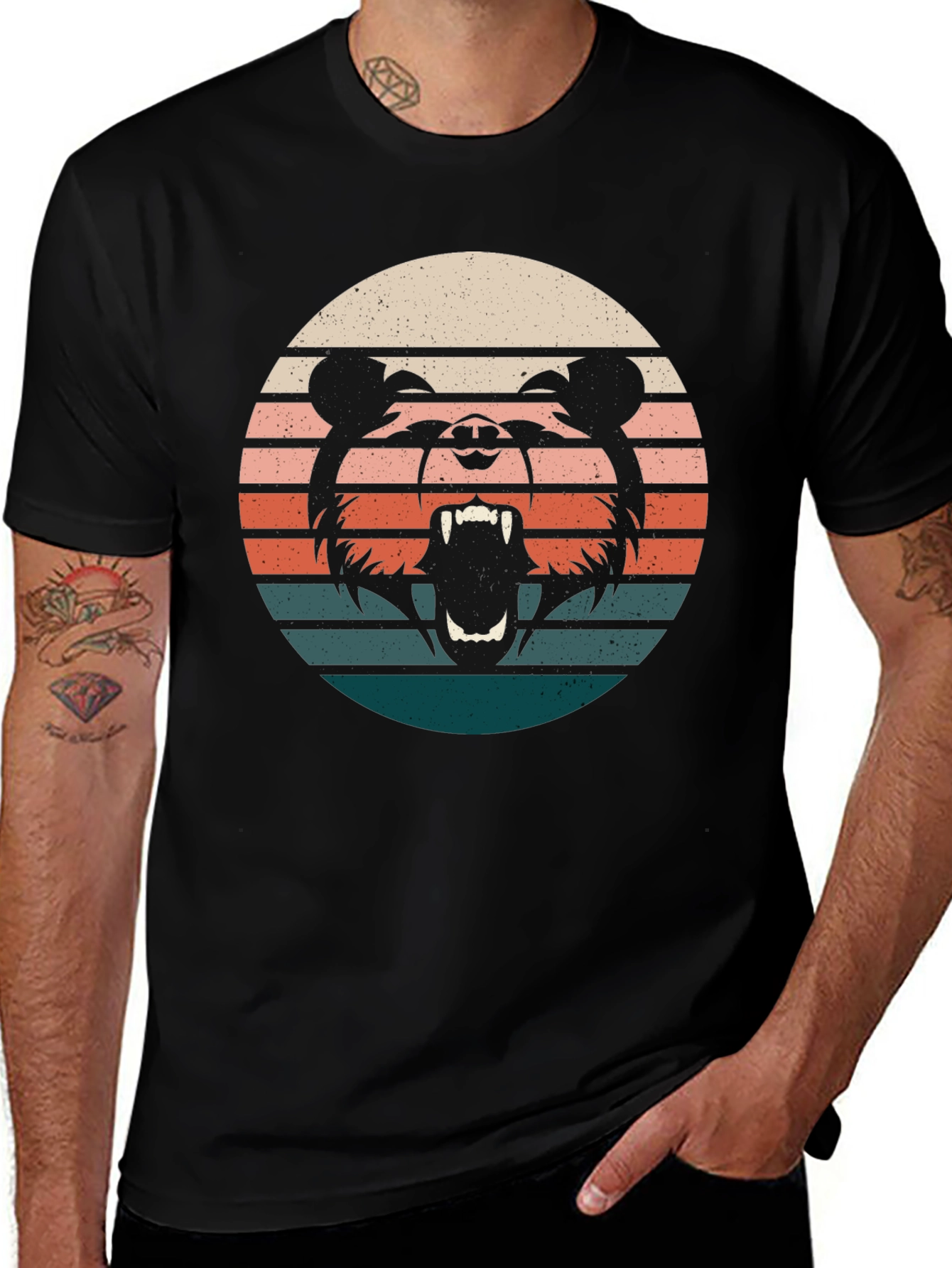 Retro Bear Sunset Graphic Tee - Black Cotton T-Shirt