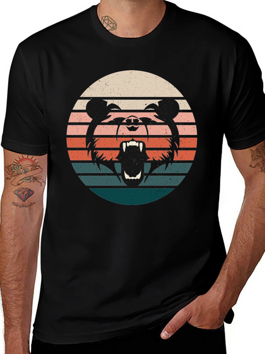 Retro Bear Sunset Graphic Tee - Black Cotton T-Shirt