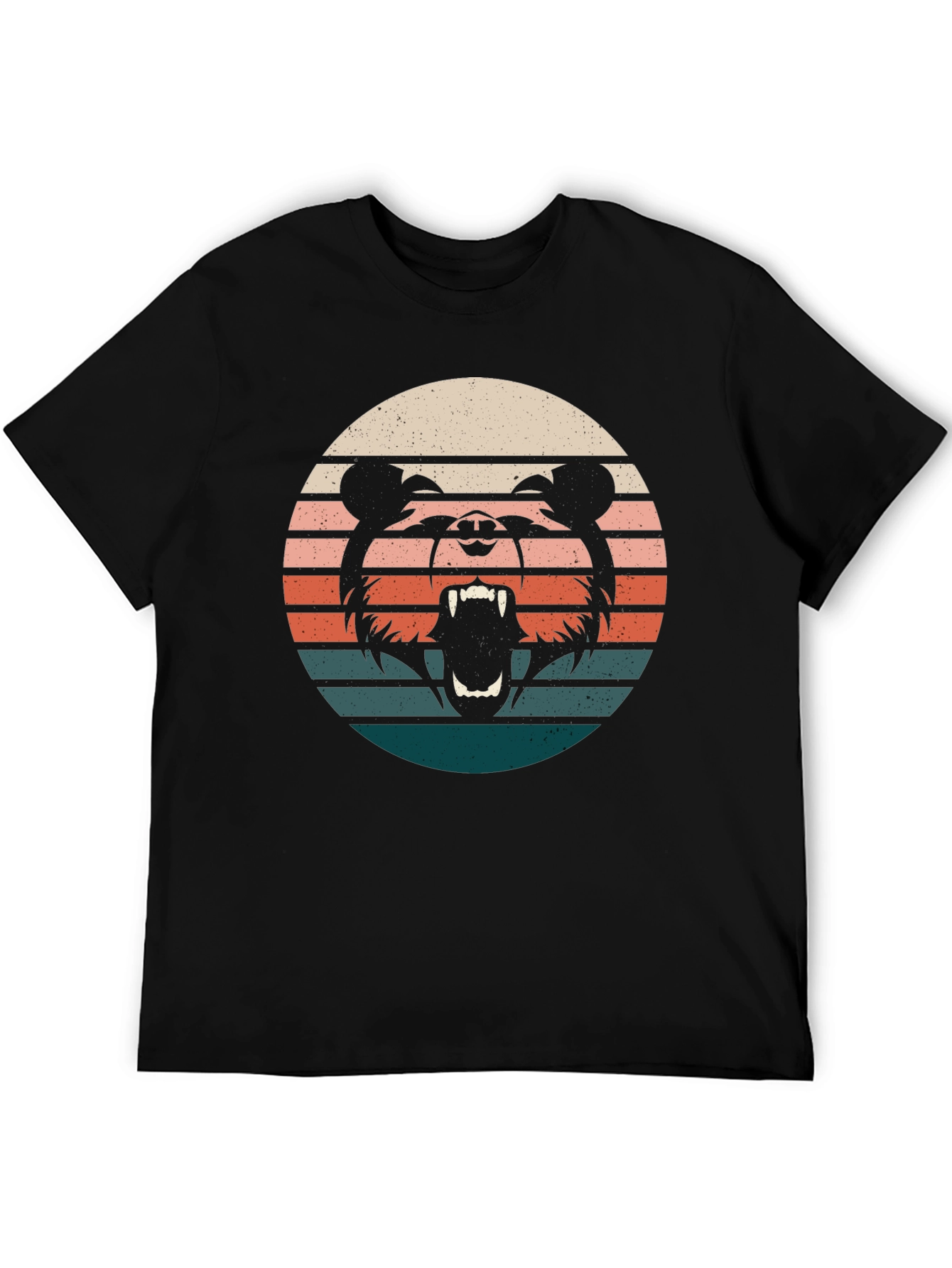 Retro Bear Sunset Graphic Tee - Black Cotton T-Shirt
