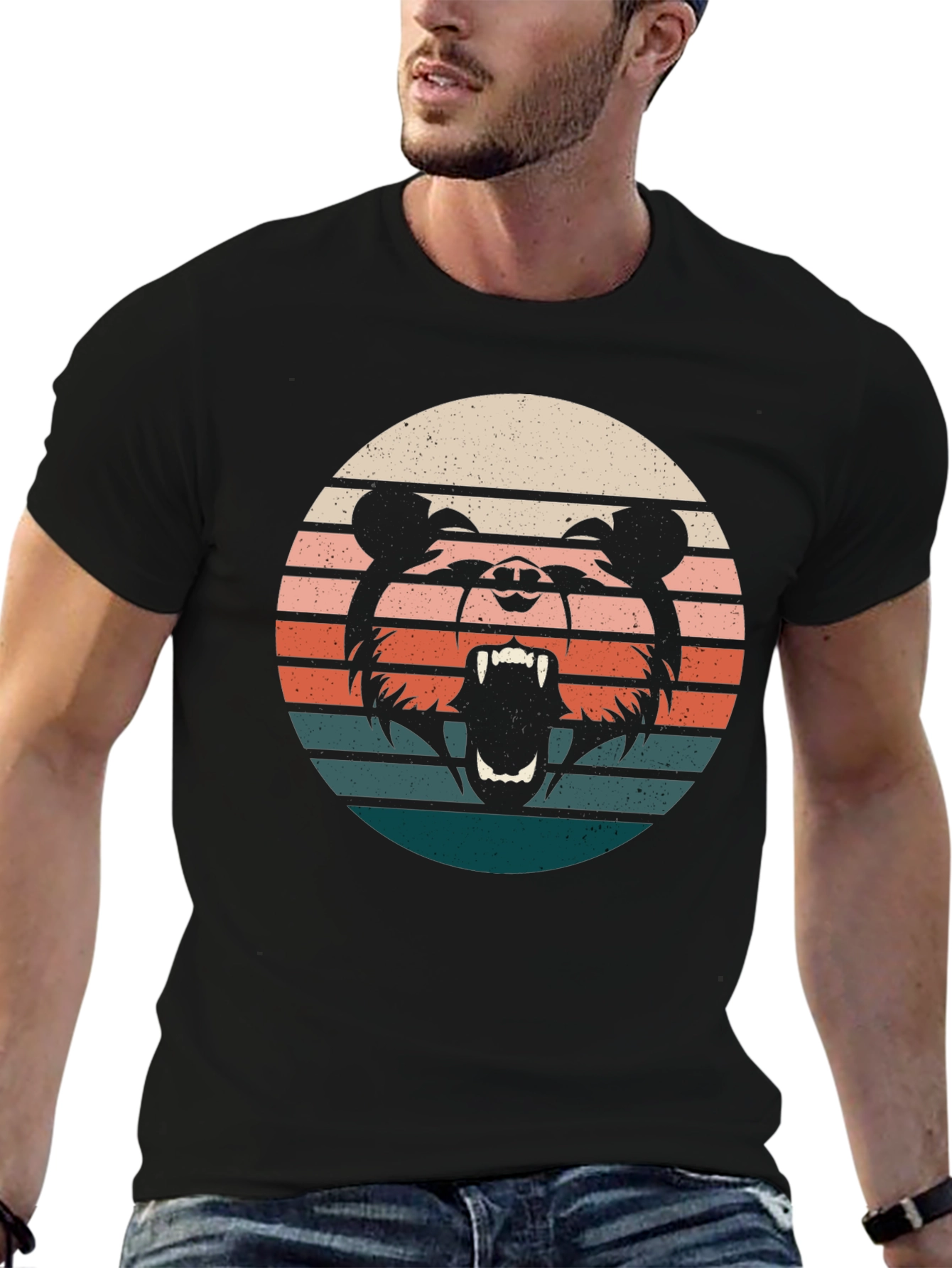 Retro Bear Sunset Graphic Tee - Black Cotton T-Shirt
