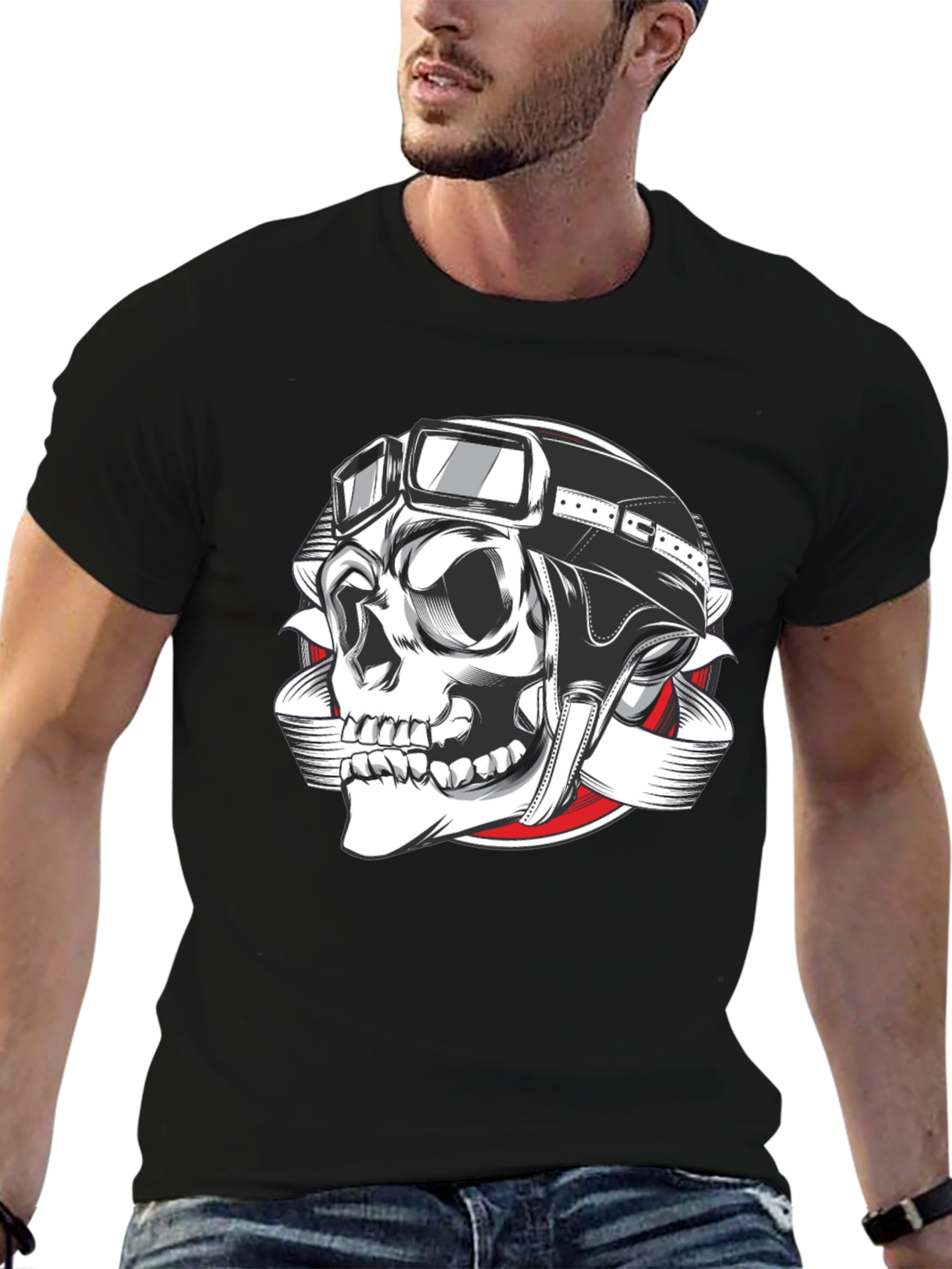 Biker Skull Graphic T-Shirt - Black