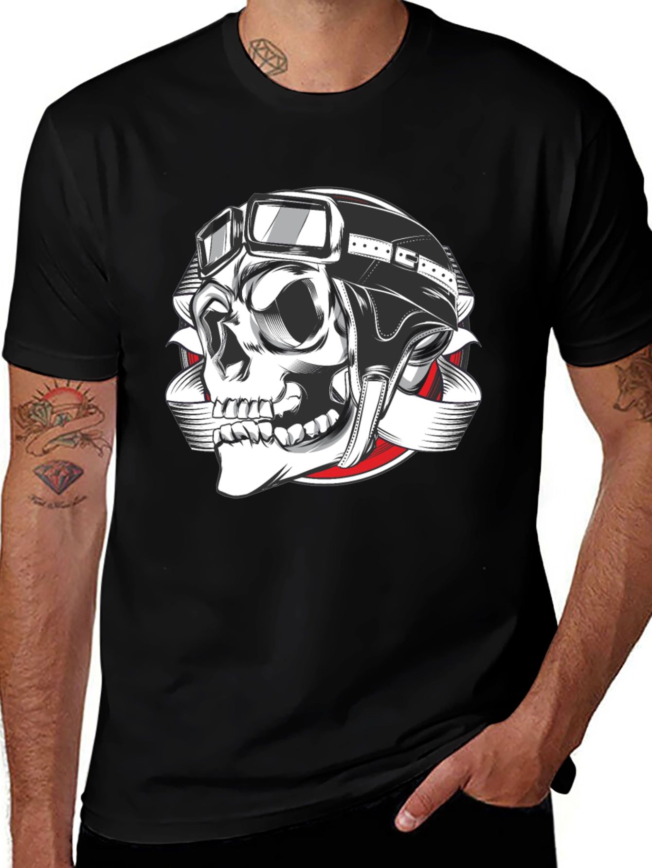 Biker Skull Graphic T-Shirt - Black