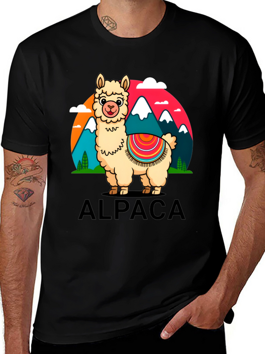 Alpaca Cartoon Graphic Tee - Black Cotton T-Shirt