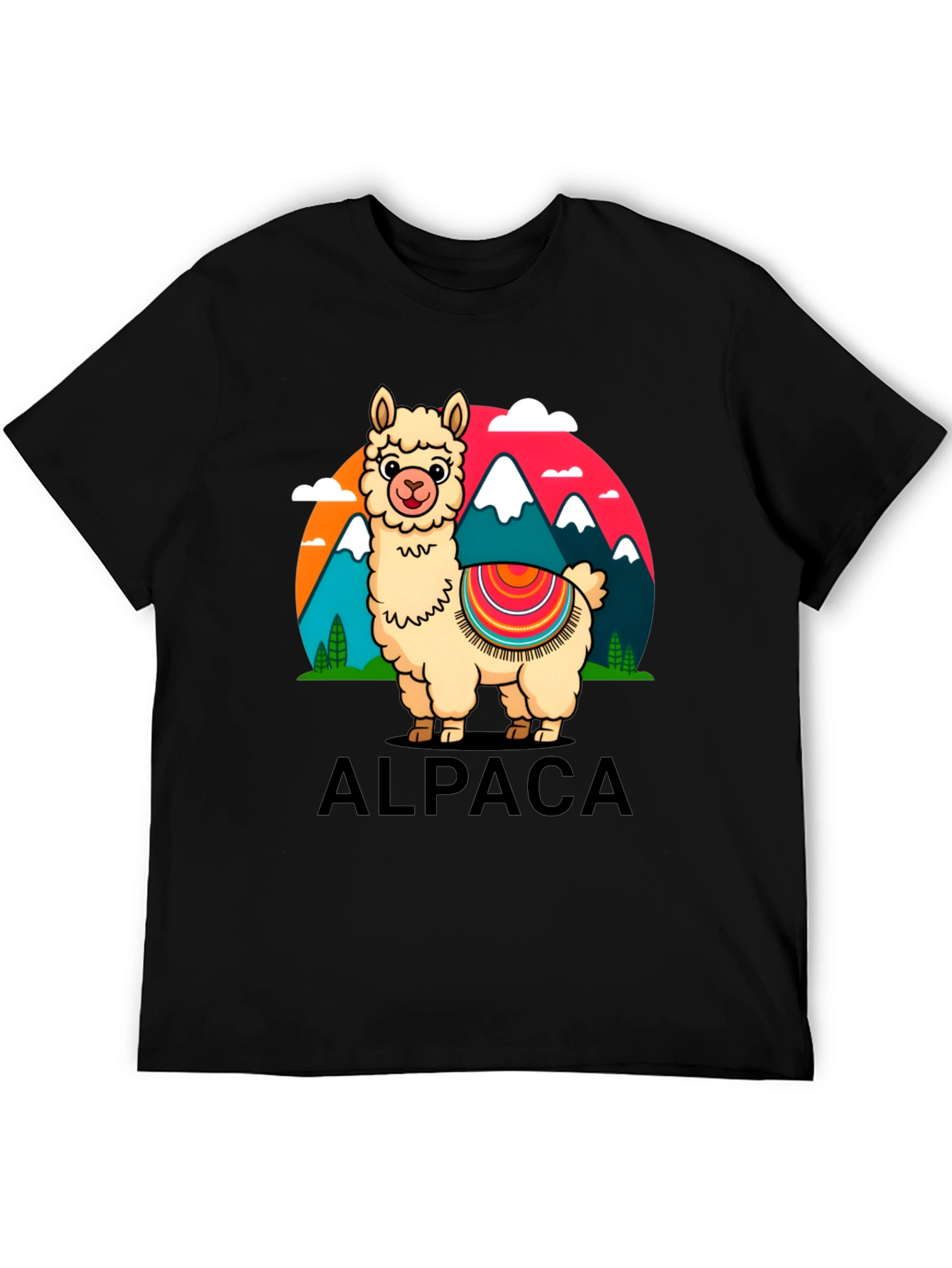 Alpaca Cartoon Graphic Tee - Black Cotton T-Shirt