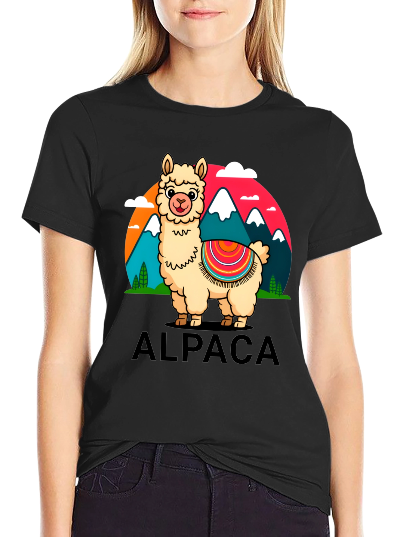 Alpaca Cartoon Graphic Tee - Black Cotton T-Shirt