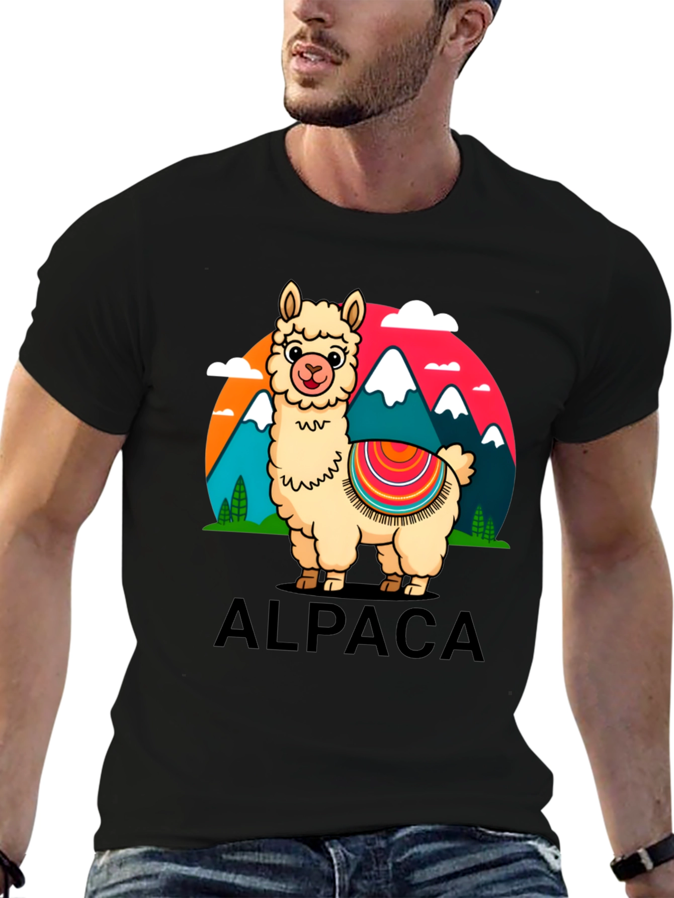 Alpaca Cartoon Graphic Tee - Black Cotton T-Shirt