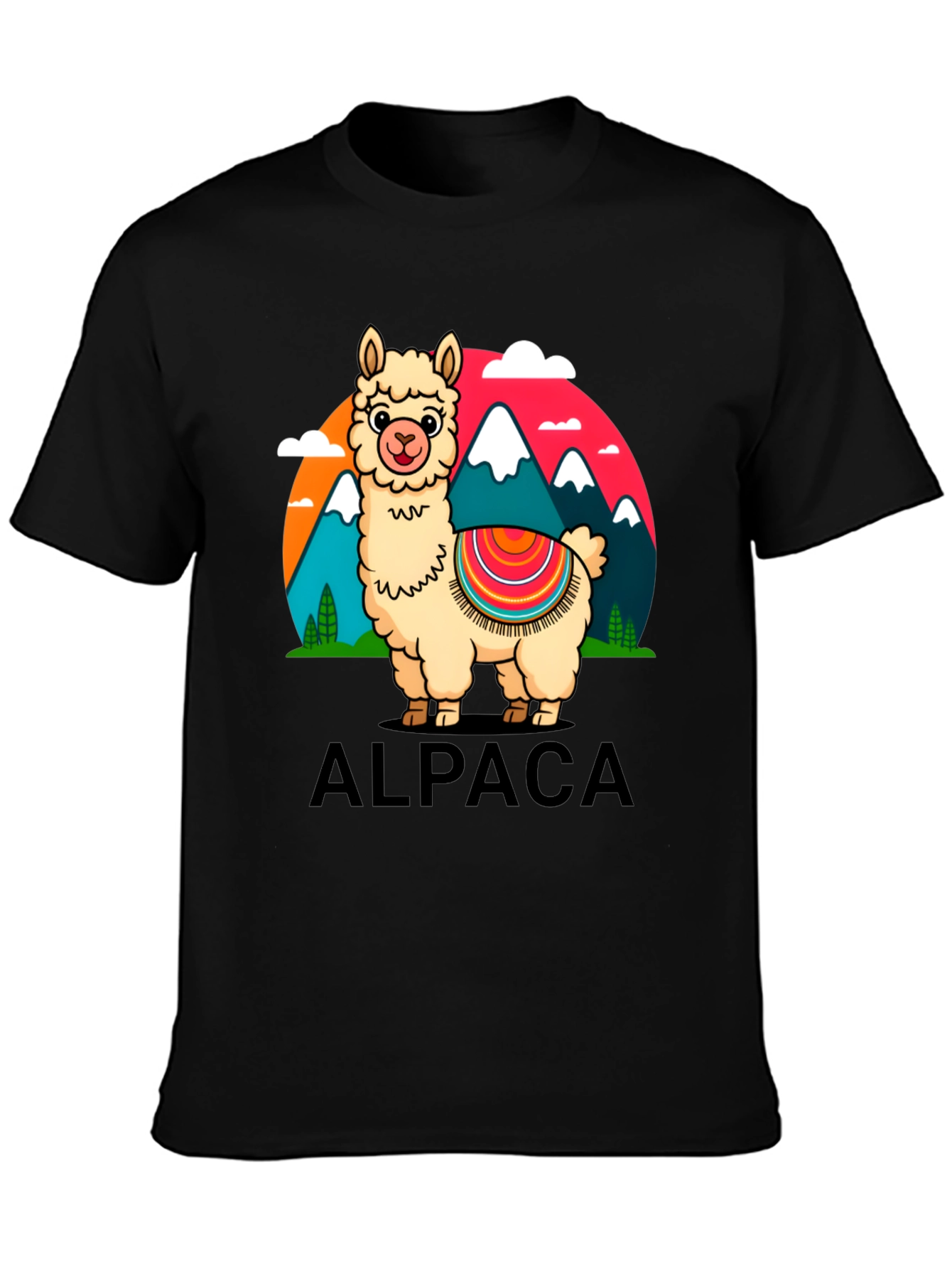 Alpaca Cartoon Graphic Tee - Black Cotton T-Shirt