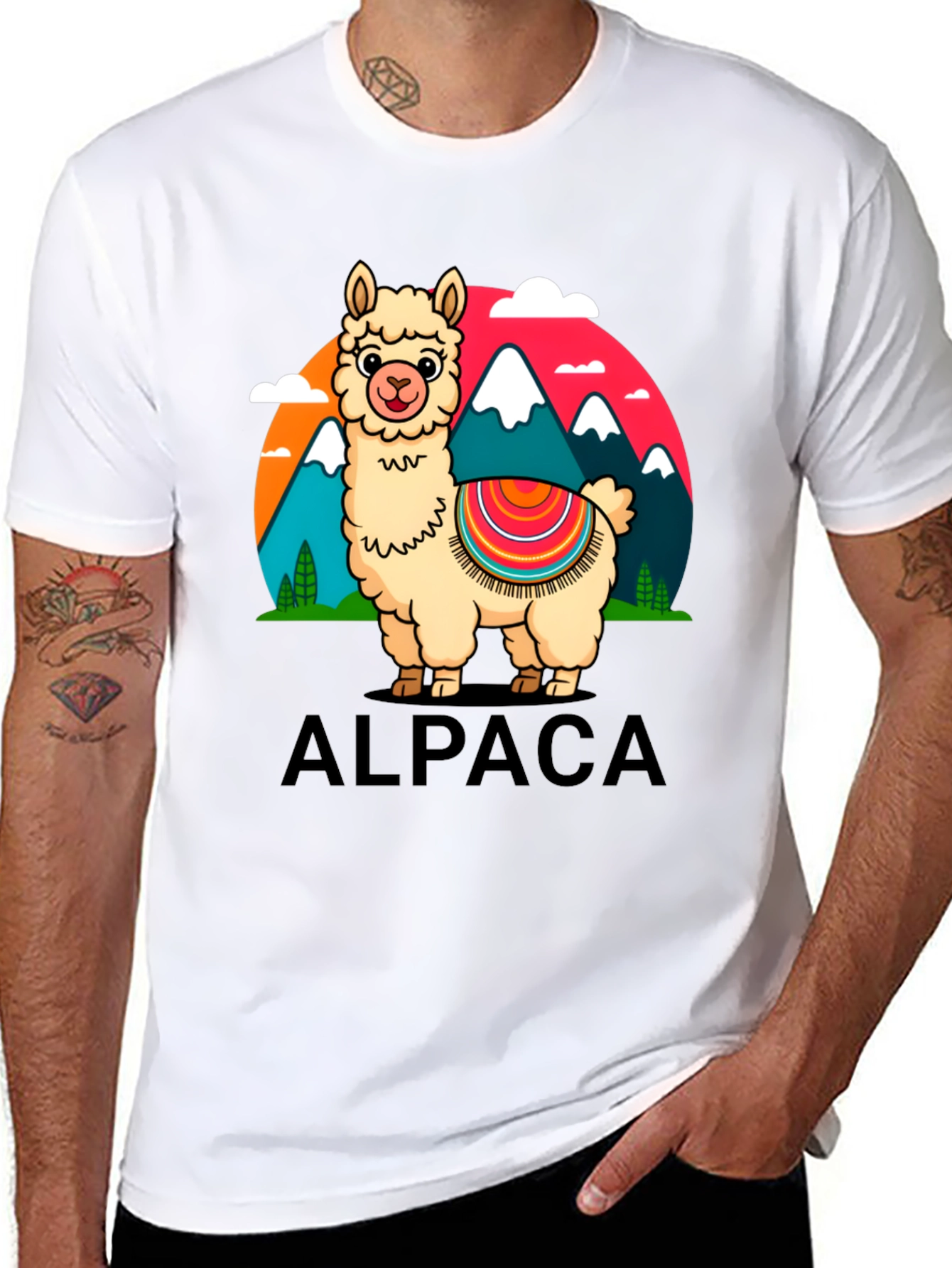 Alpaca Cartoon Graphic Tee - Black Cotton T-Shirt