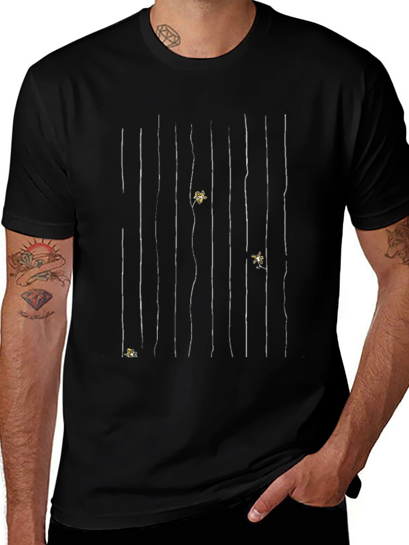 Stylish Black Graphic Tee - Striped Design with Accents