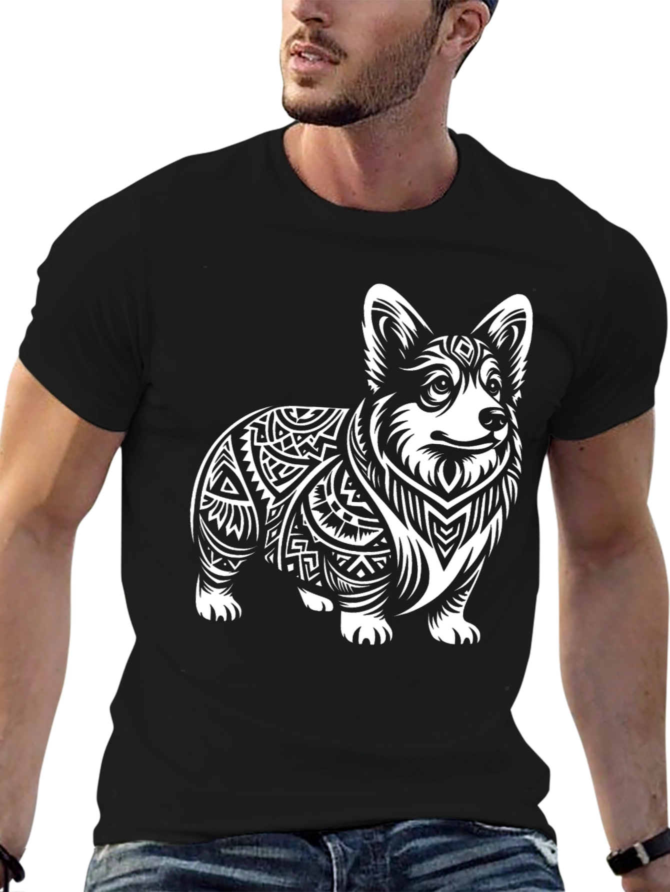 Corgi Tribal Tattoo Style Black T-Shirt