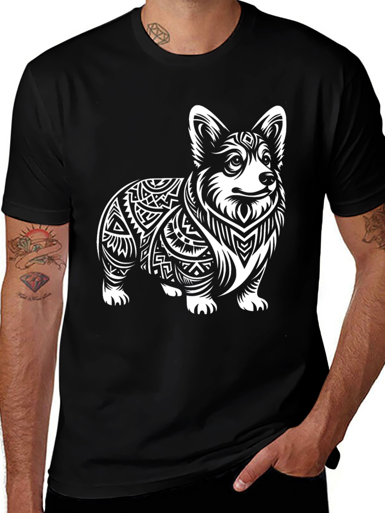 Corgi Tribal Tattoo Style Black T-Shirt