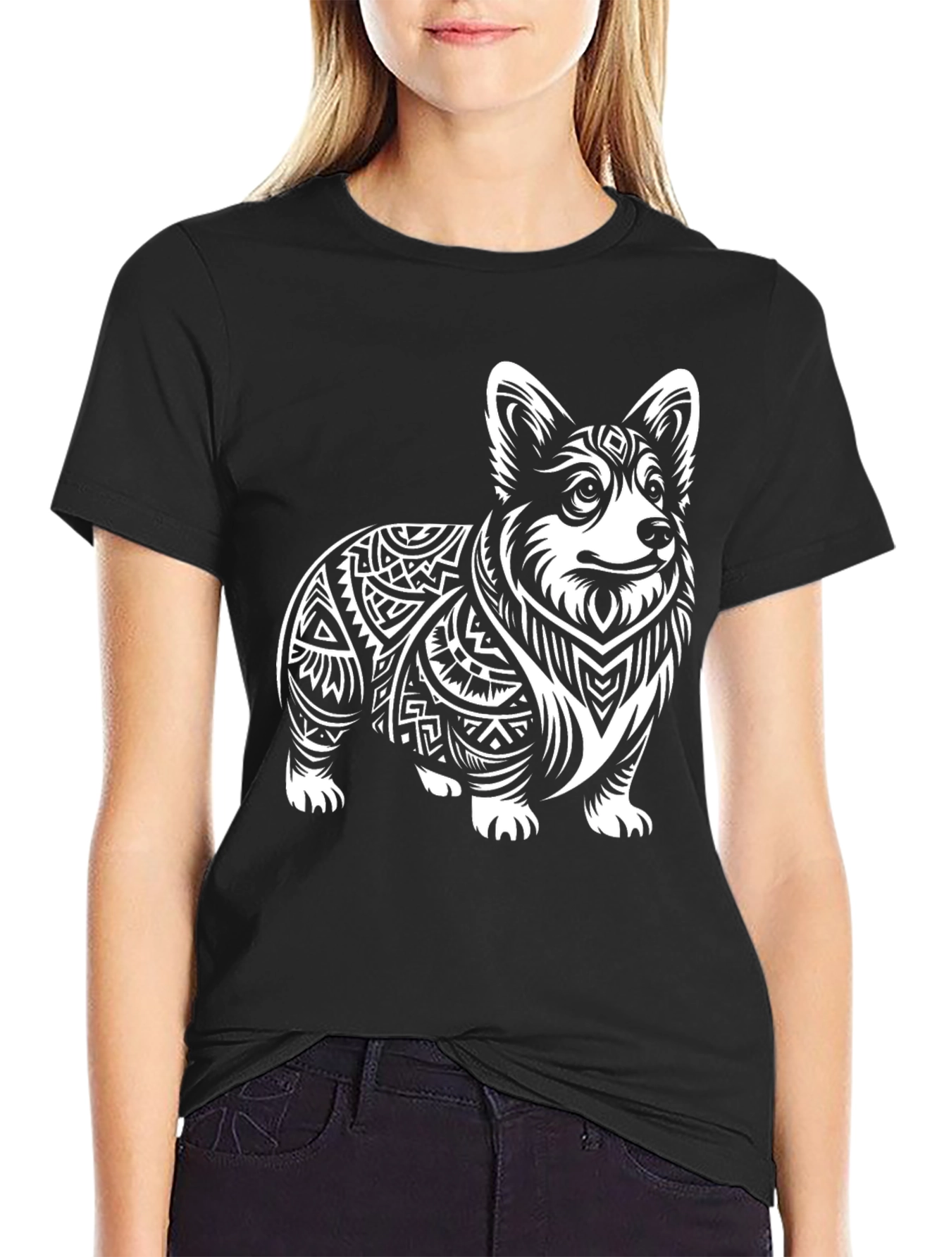Corgi Tribal Tattoo Style Black T-Shirt