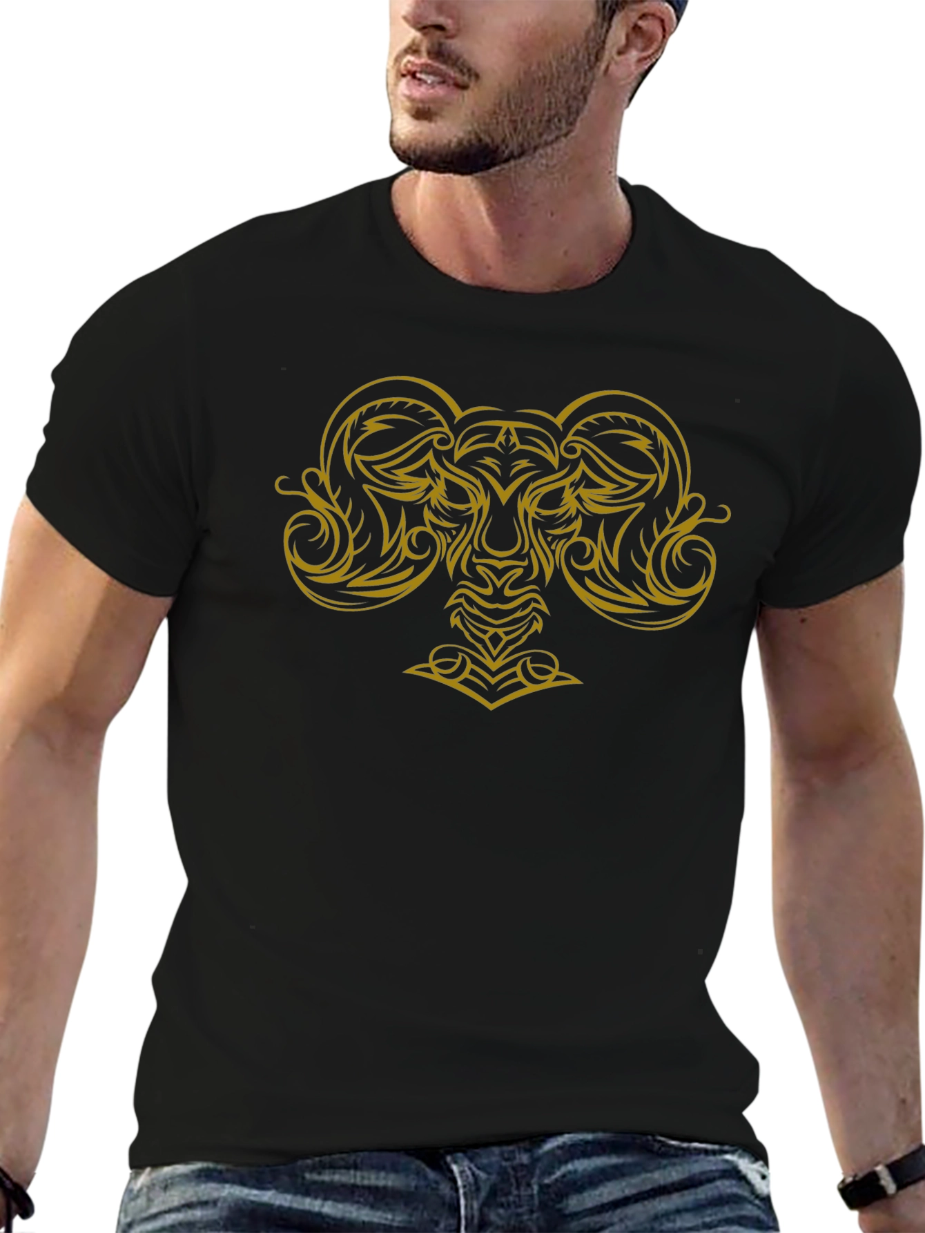 Tribal Ram Graphic Tee - Black Cotton T-Shirt