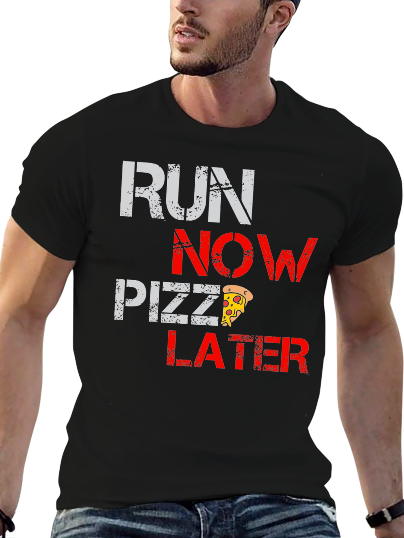 Run Now Pizza Later Black Graphic T-Shirt