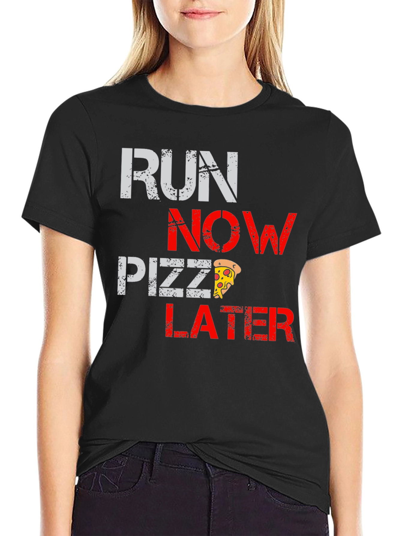 Run Now Pizza Later Black Graphic T-Shirt