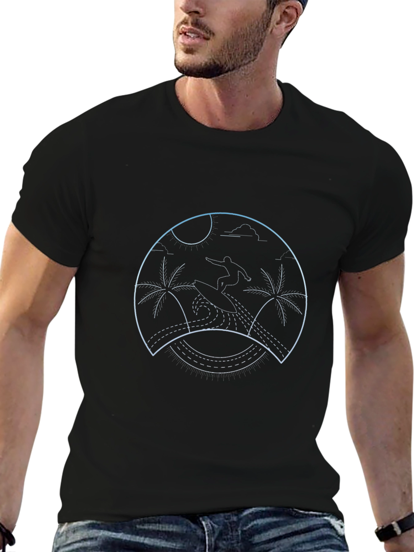 Surfing Palm Tree Graphic Tee - Black