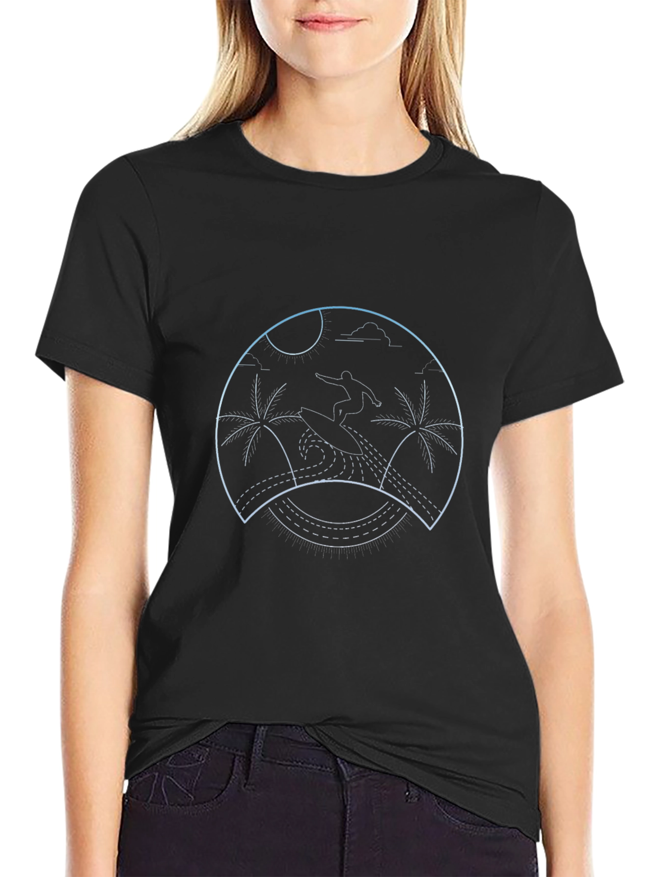 Surfing Palm Tree Graphic Tee - Black