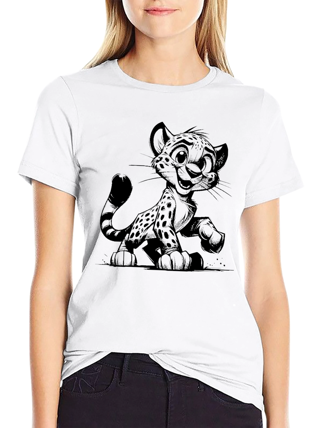 Cartoon Cheetah Black T-Shirt