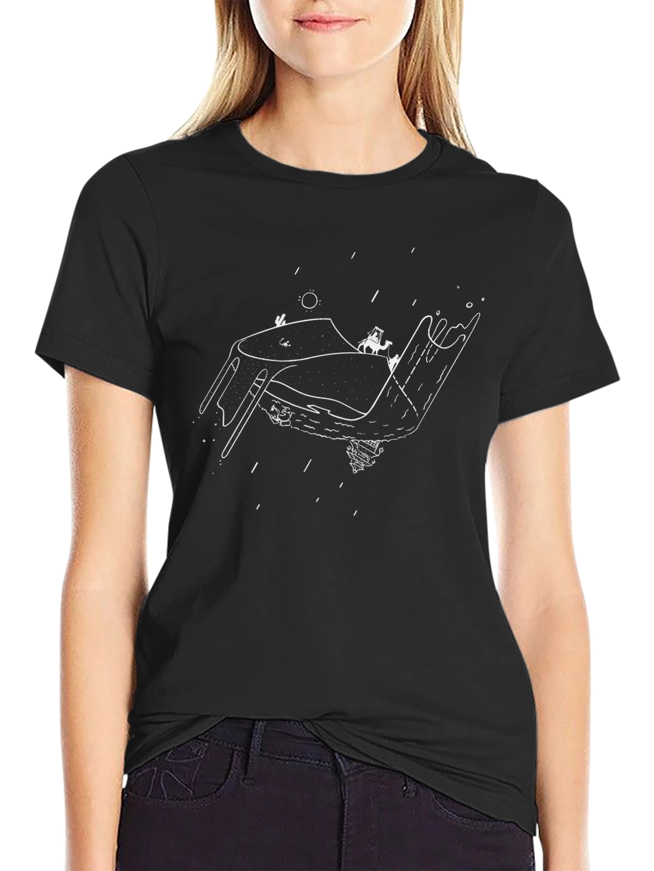 Surreal Desert Landscape Graphic Tee - Black Cotton T-Shirt