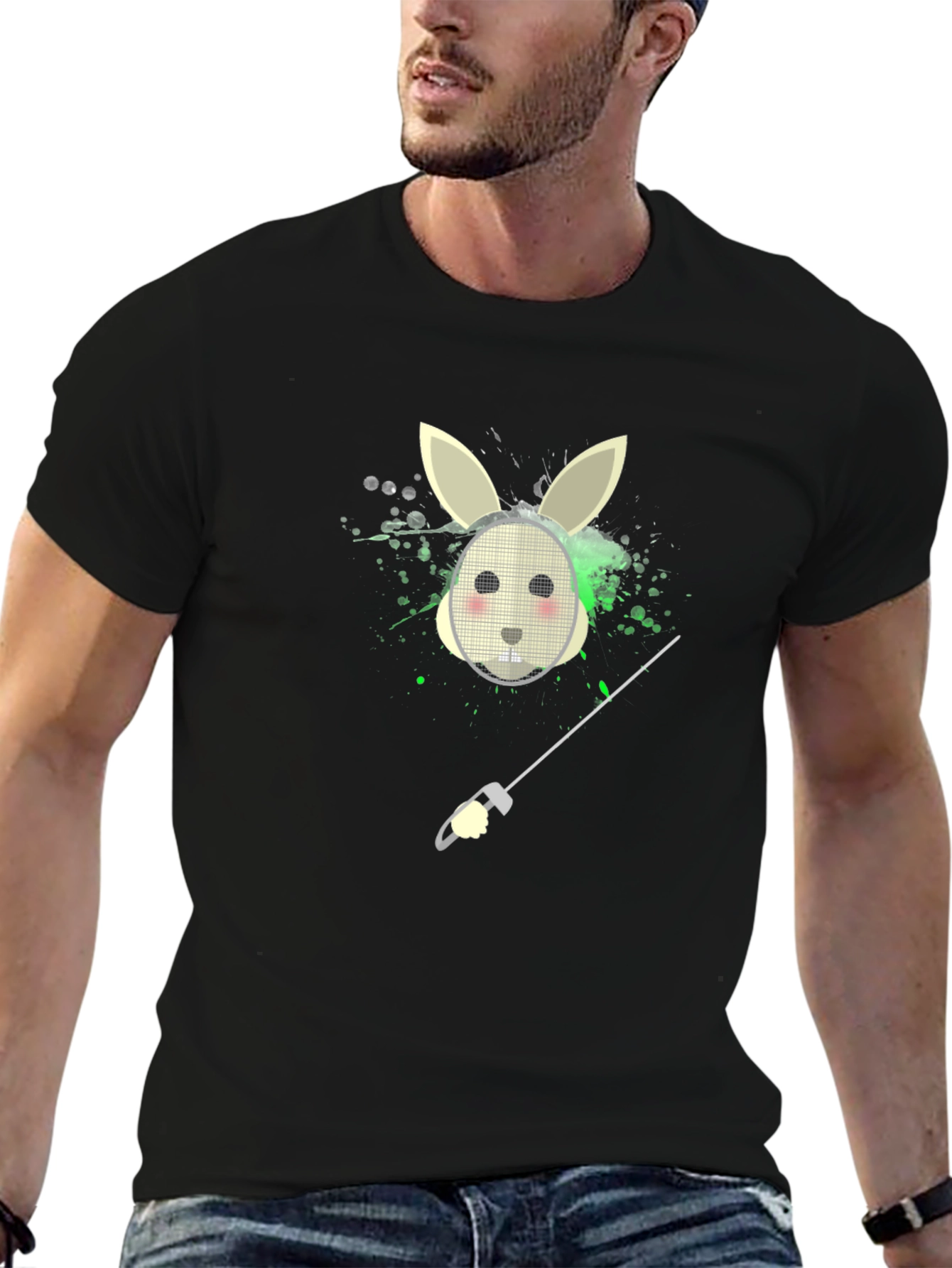Bunny Fencer Graphic Tee - Black Cotton T-Shirt