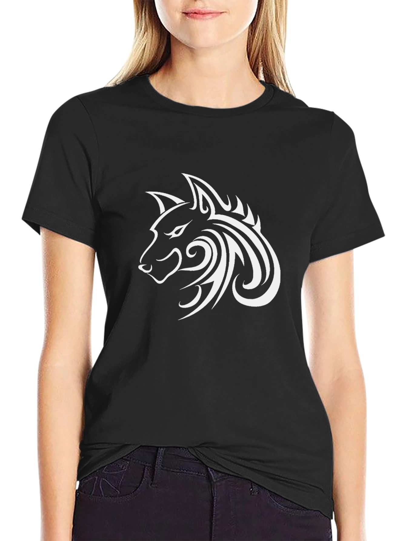 Tribal Wolf Head Graphic Black T-Shirt
