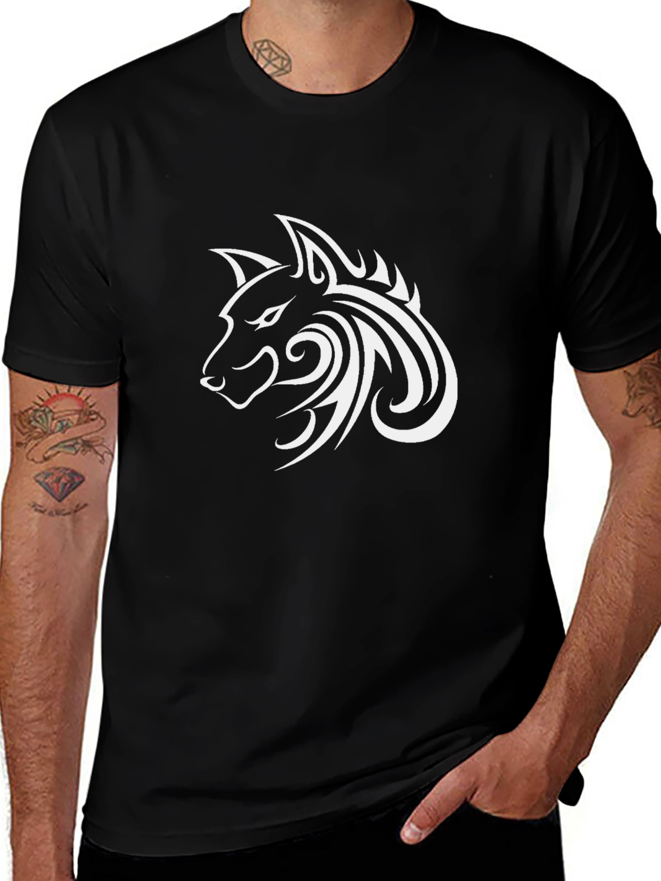 Tribal Wolf Head Graphic Black T-Shirt