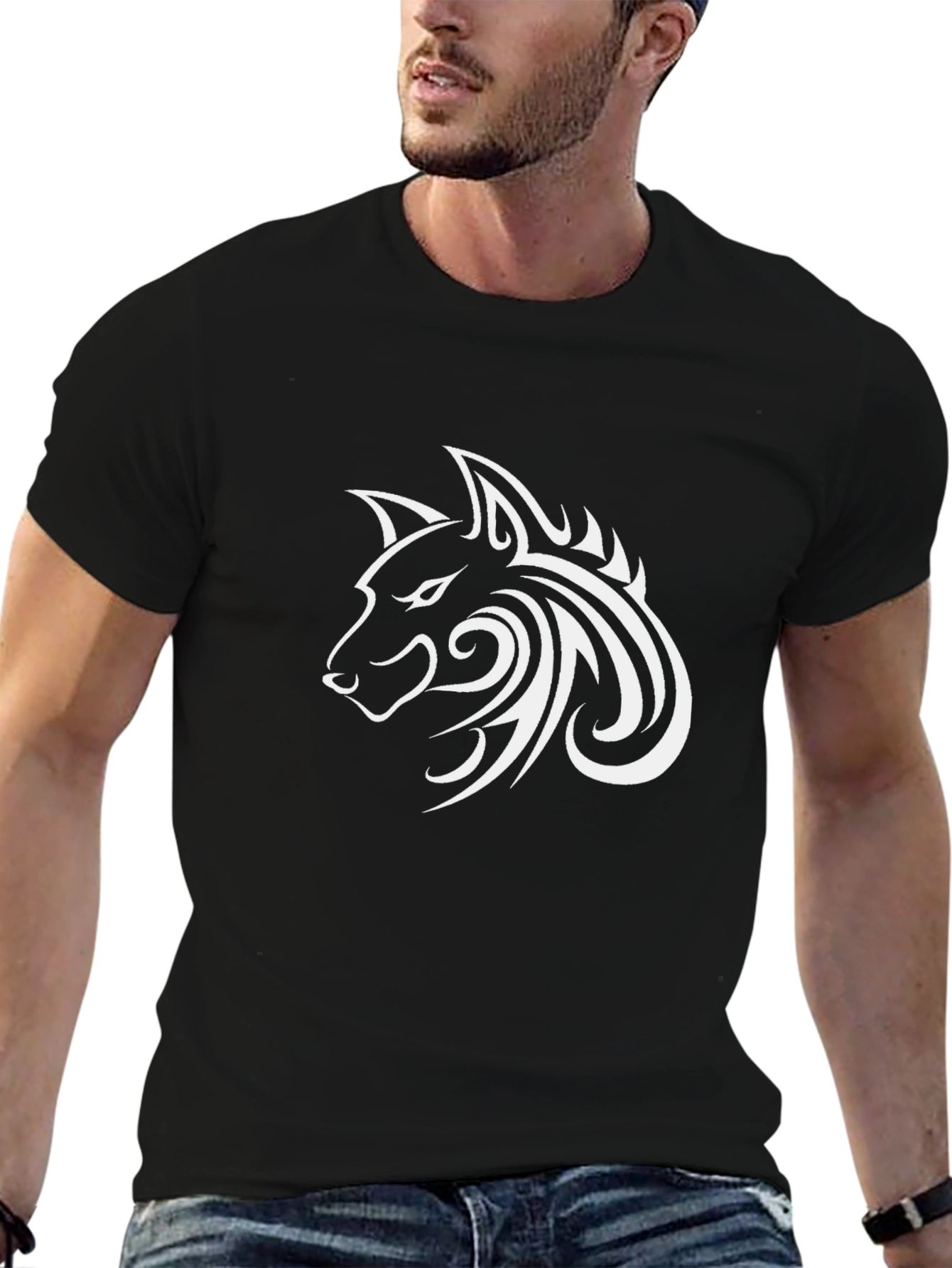 Tribal Wolf Head Graphic Black T-Shirt