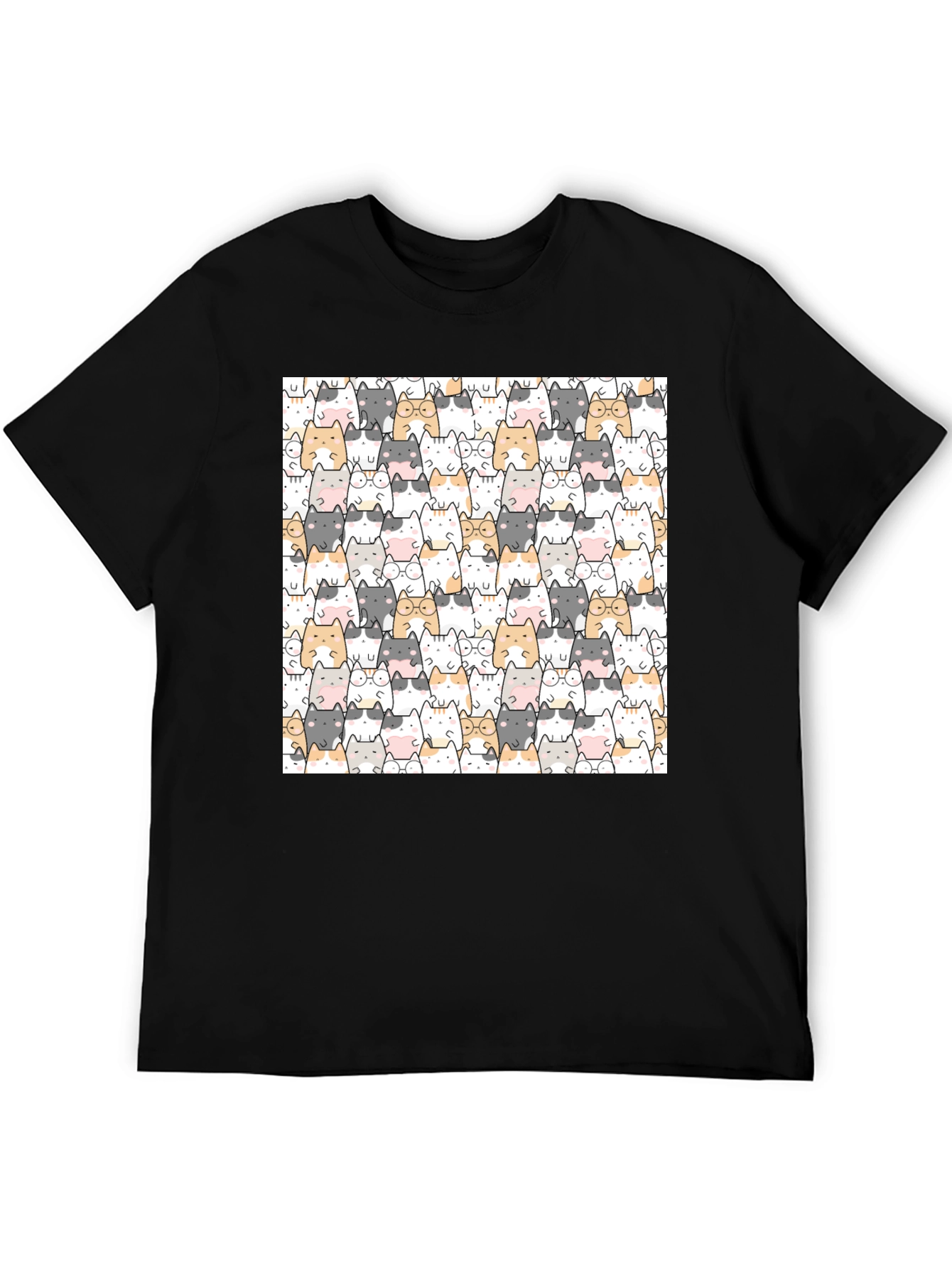 Cute Cat Pattern Black T-Shirt