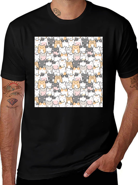 Cute Cat Pattern Black T-Shirt