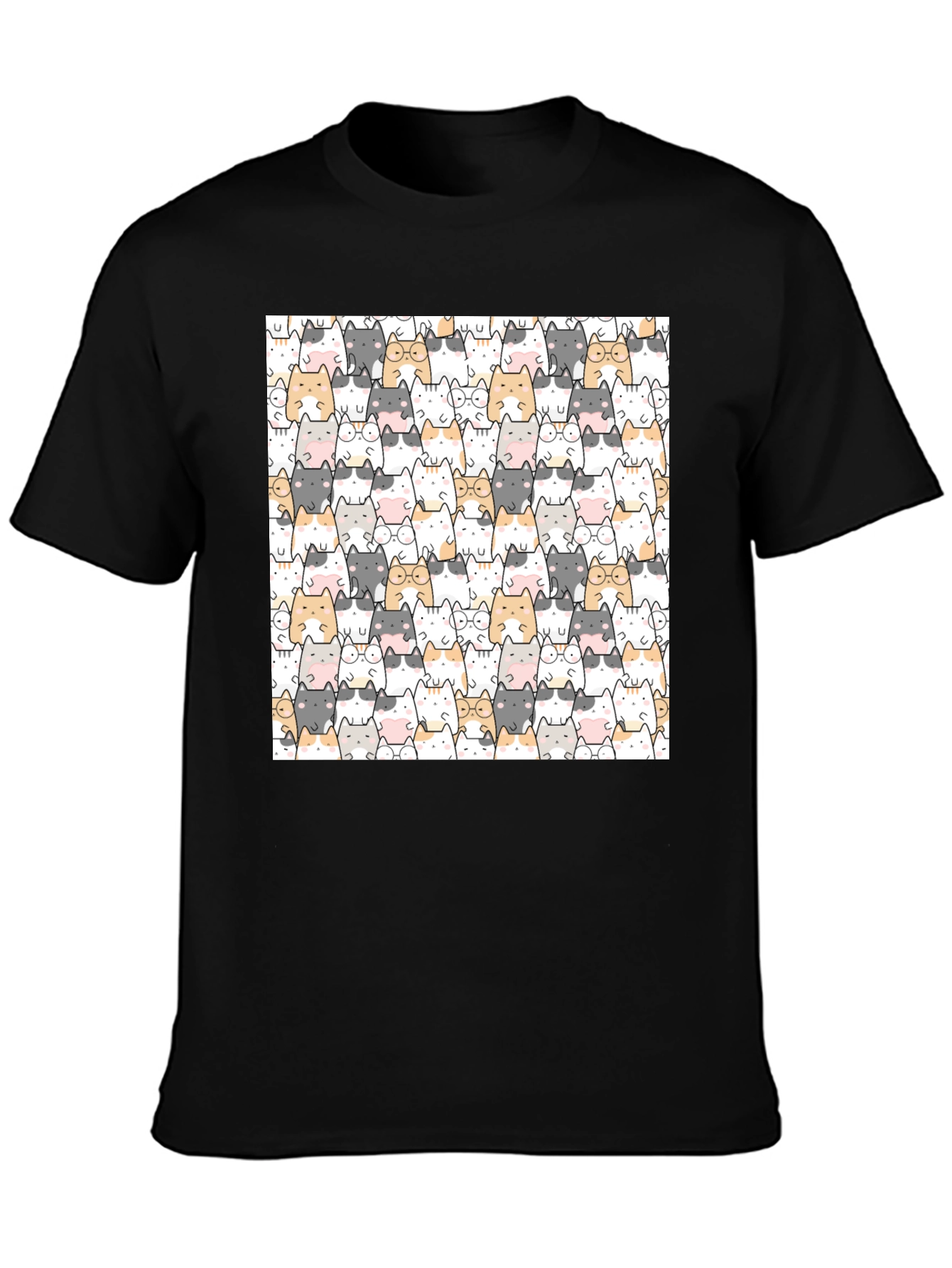 Cute Cat Pattern Black T-Shirt