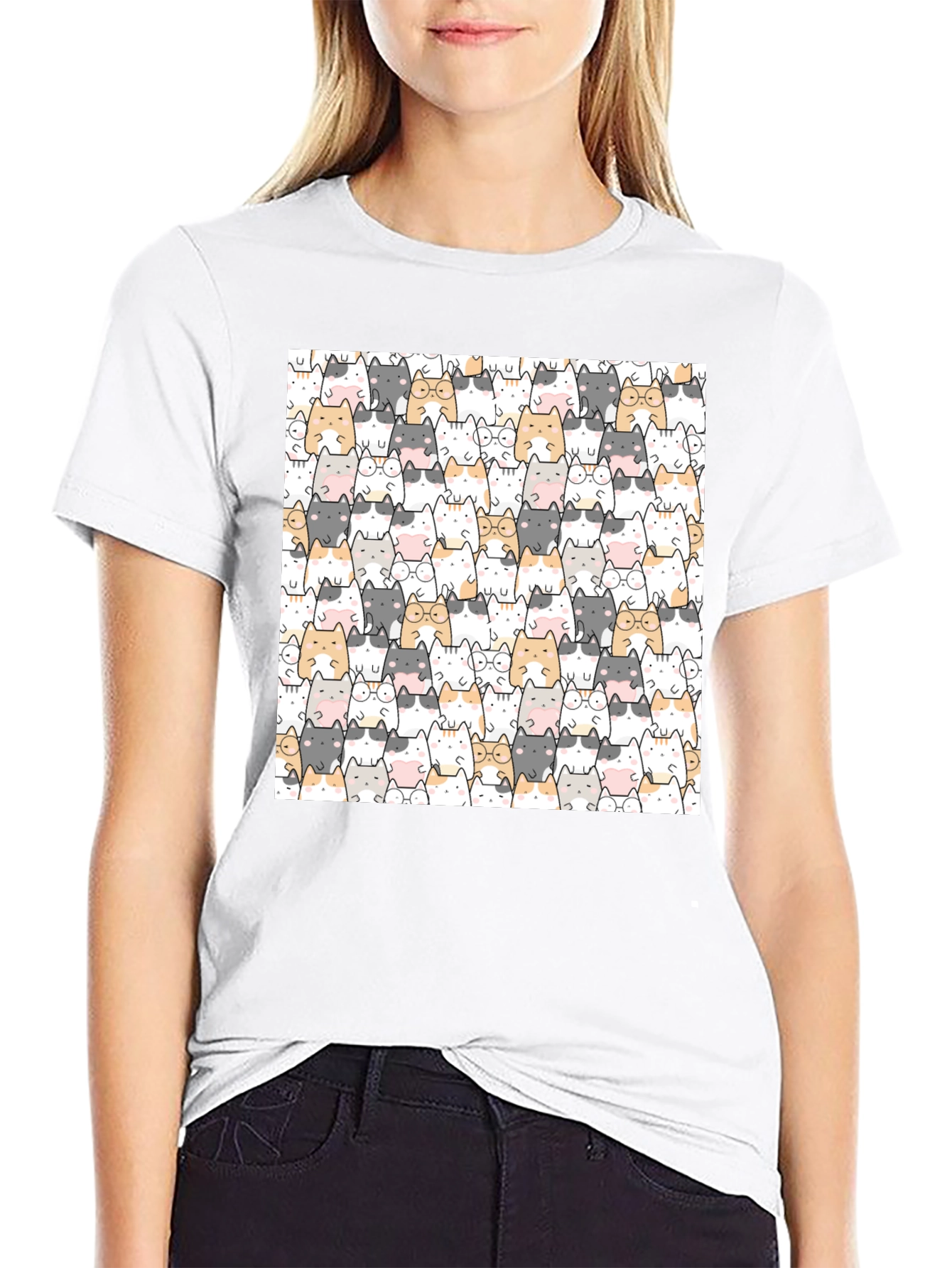 Cute Cat Pattern Black T-Shirt