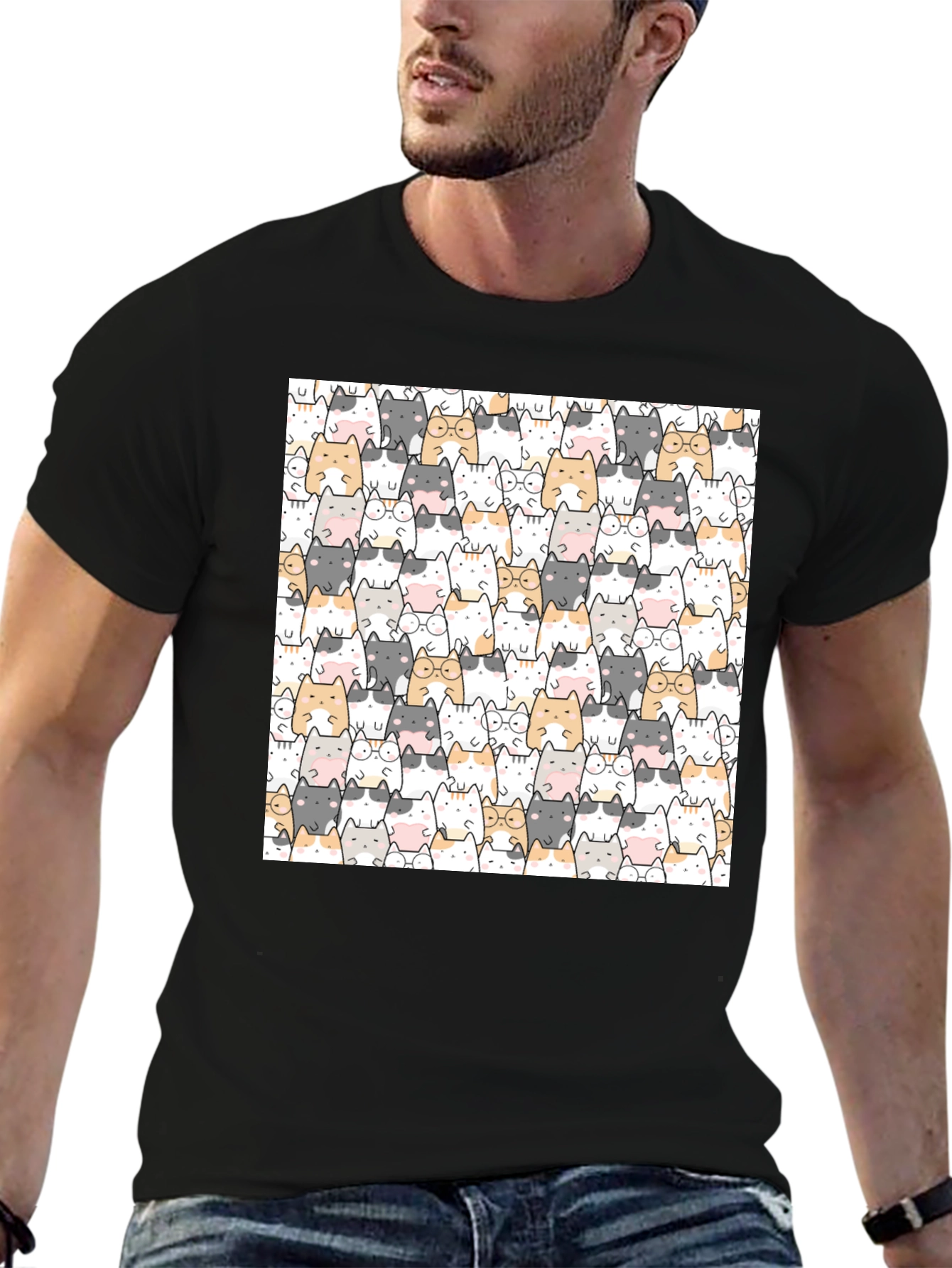 Cute Cat Pattern Black T-Shirt