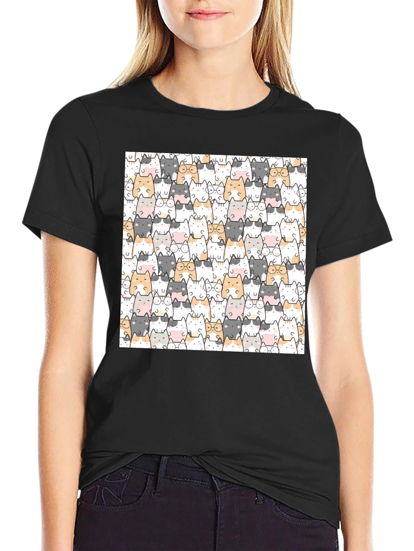 Cute Cat Pattern Black T-Shirt