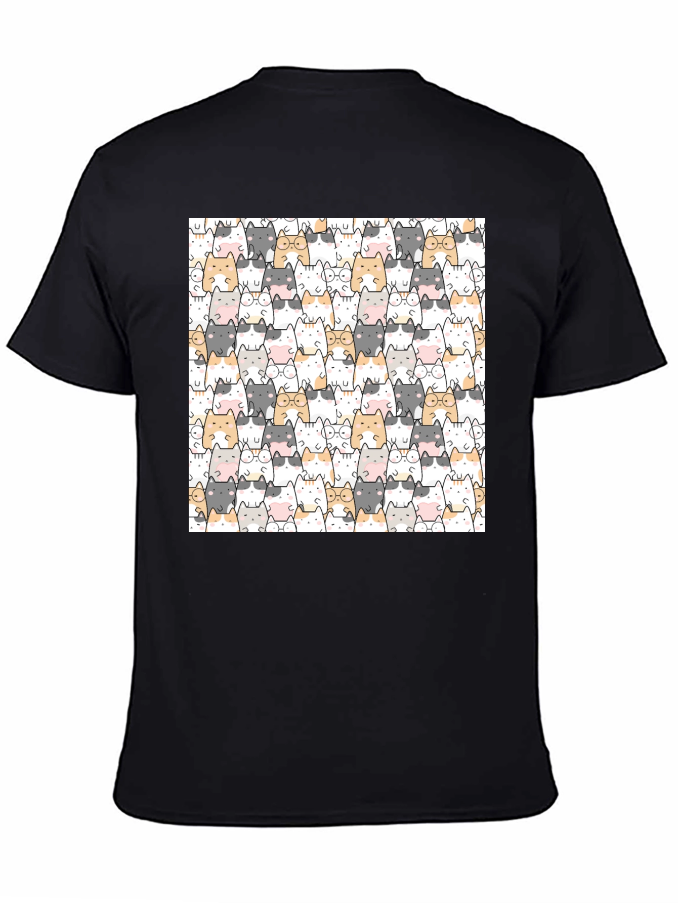 Cute Cat Pattern Black T-Shirt