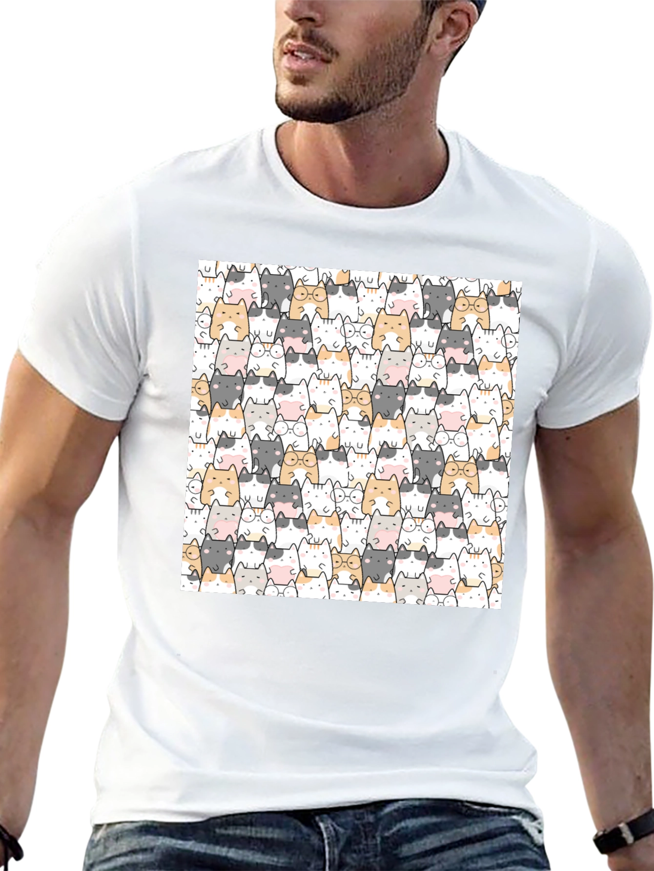 Cute Cat Pattern Black T-Shirt