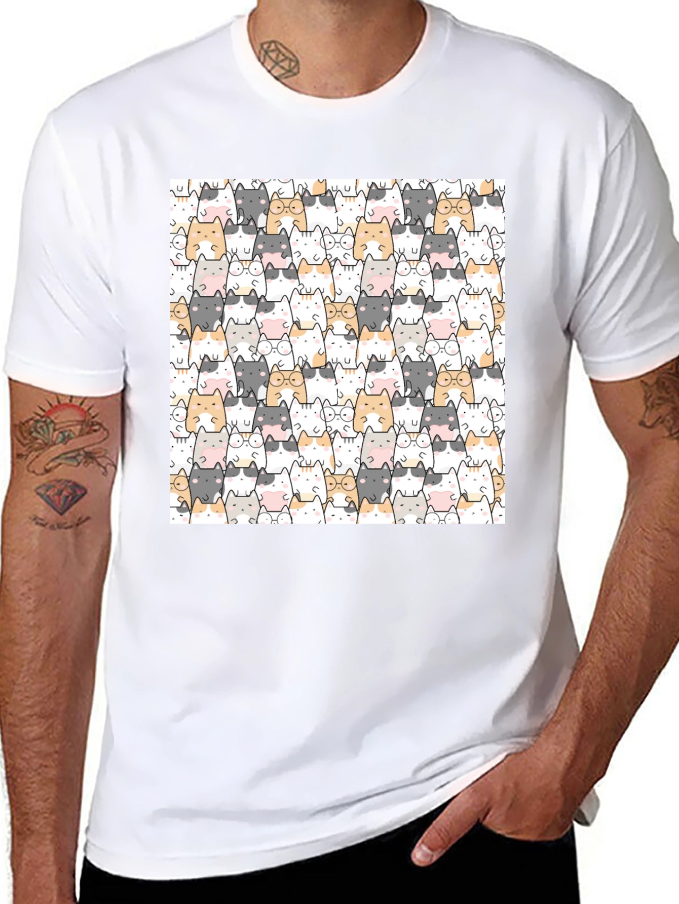 Cute Cat Pattern Black T-Shirt